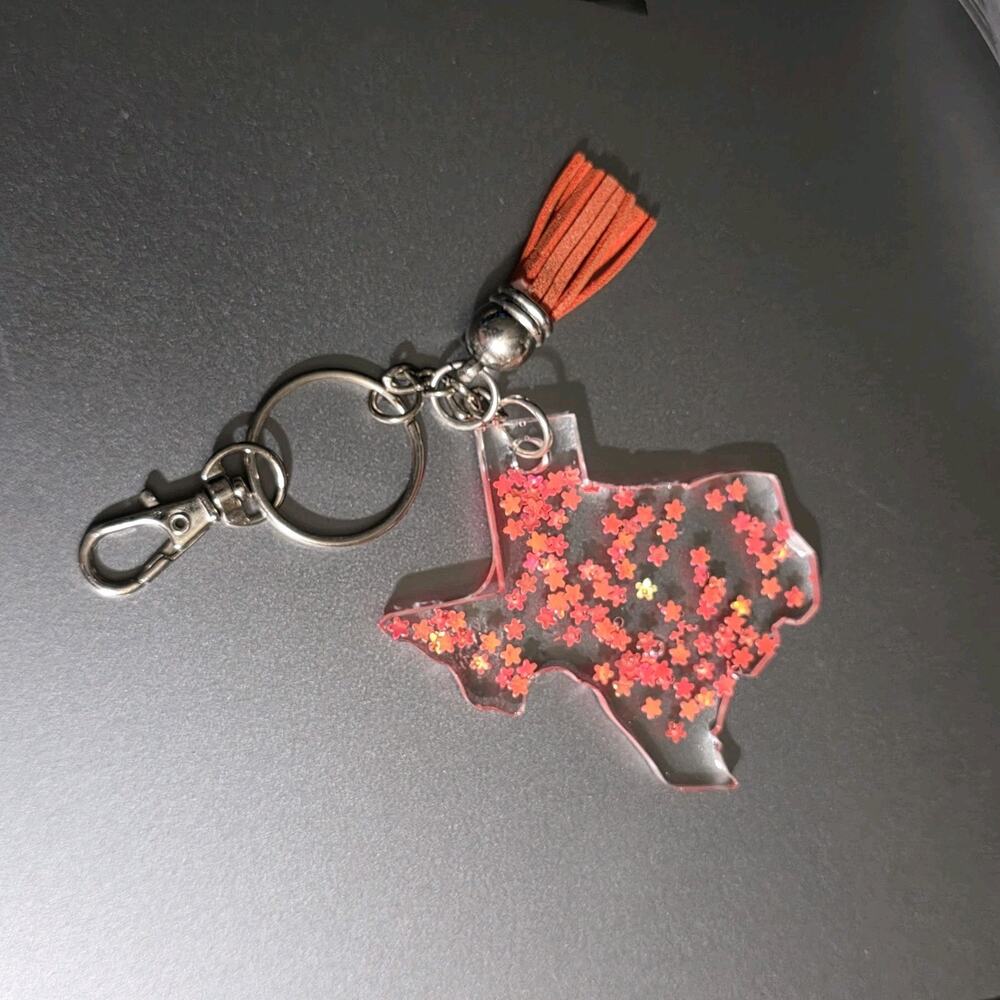 Texas Shape Orange Flower Glitter Keychain Tassel Key Ring Resin Acrylic Charm